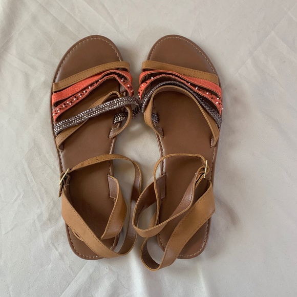Women’s American Eagle, Brown & Gold Strappy Beaded Sandals W/Ankle Strap sz‎ 10 - Picture 1 of 5